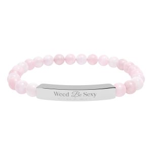 Engravable Rose Quartz Stretch Stone Bracelet — Personalized Bar Jewelry